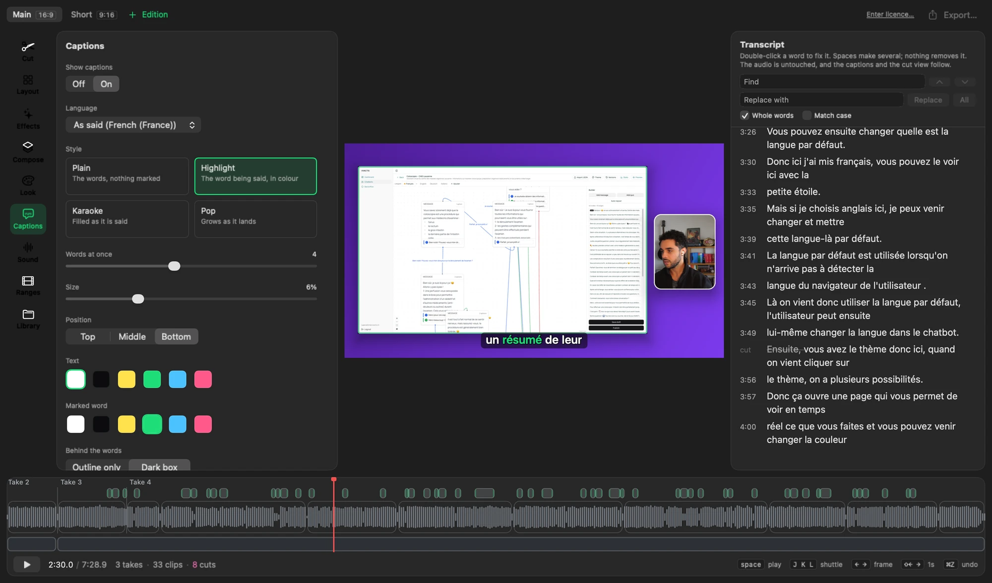 Captions view: the caption styles on the left, the video with a caption in the middle, the transcript with find and replace on the right