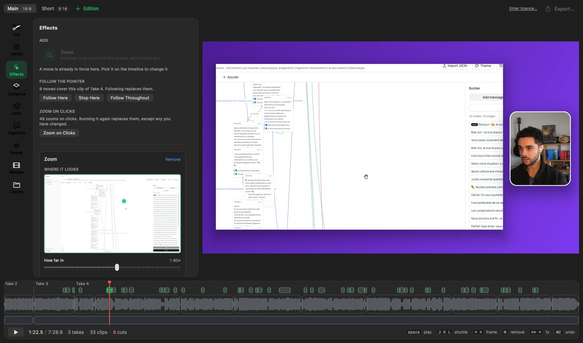 Effects view: a zoom on the screen, with the zooms made from clicks marked along the timeline